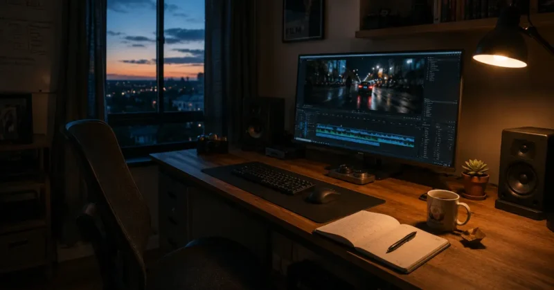 Home video editing setup with cinematic AI b roll generator clip playing on monitor and blank notebook ready for first prompt