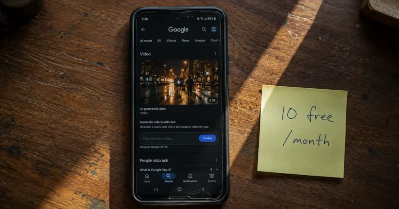 Smartphone showing Google Veo 3.1 free AI b-roll generator interface with Post-it note showing 10 free generations per month