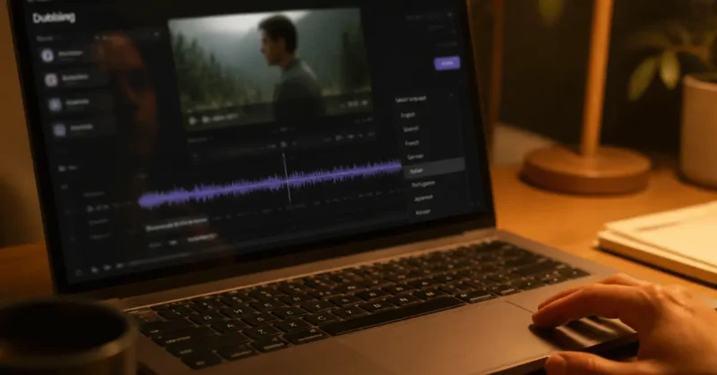 Laptop screen showing HeyGen best AI dubbing tool lip-sync interface with language selector and waveform visible