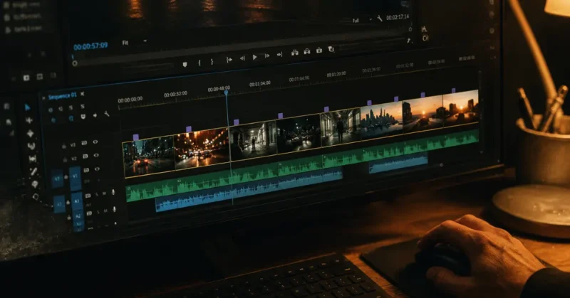 Video editing timeline showing Kling 3.0 AI b-roll generator clips arranged in cinematic sequence