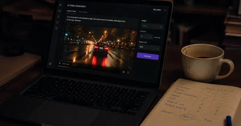 Laptop showing Sora competitors AI video generator interface with handwritten comparison notes beside it in 2026
