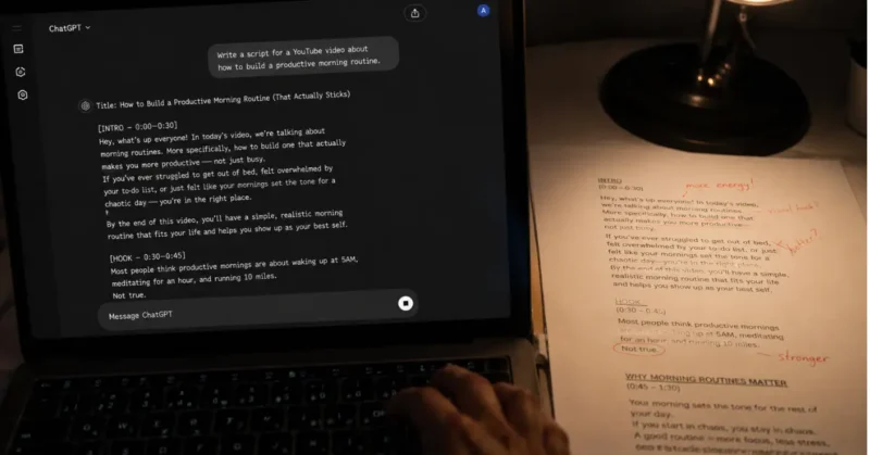 YouTube automation AI script writing process showing AI chat interface with printed script edits beside laptop