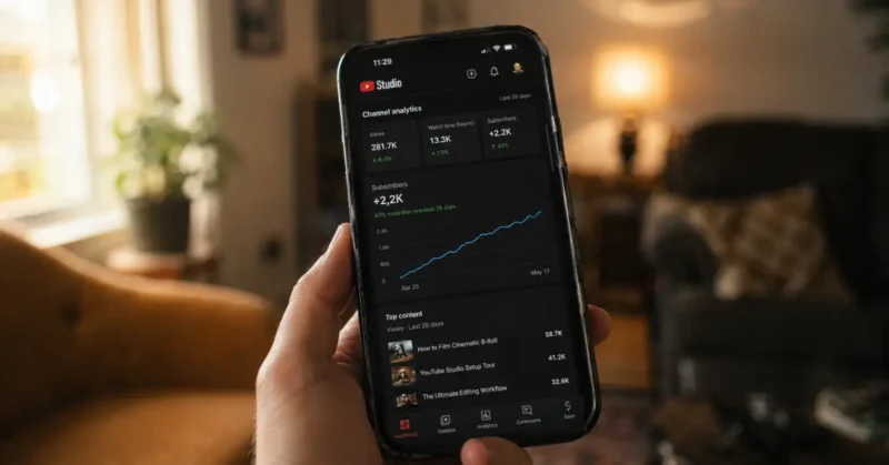 YouTube subscriber growth analytics on smartphone showing faceless AI channel hitting 100k subscribers in 2026