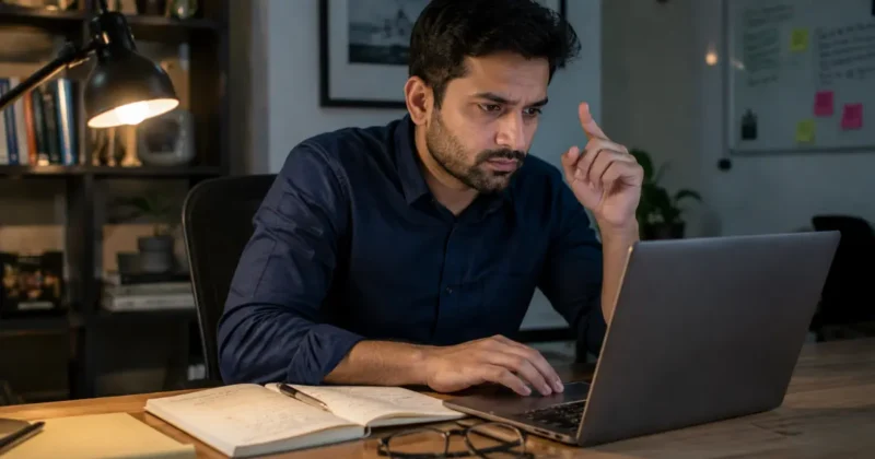 Creator carefully reviewing commercial use terms for AI-generated images from Midjourney DALL-E 3 and Stable Diffusion