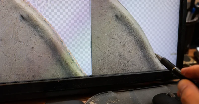 Before and after comparison of rough vs clean transparent PNG edges on a monitor screen — AI PNG generator tip