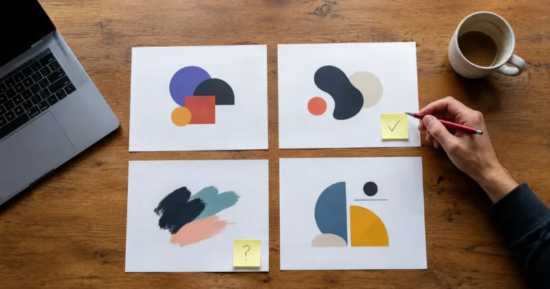 Creator testing and comparing four AI PNG generator tools with printed outputs on a desk