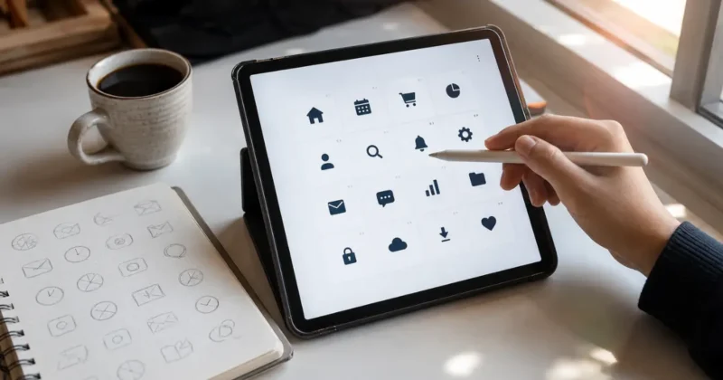 Designer reviewing flat vector AI-generated icons on a tablet screen using the best AI icon generator