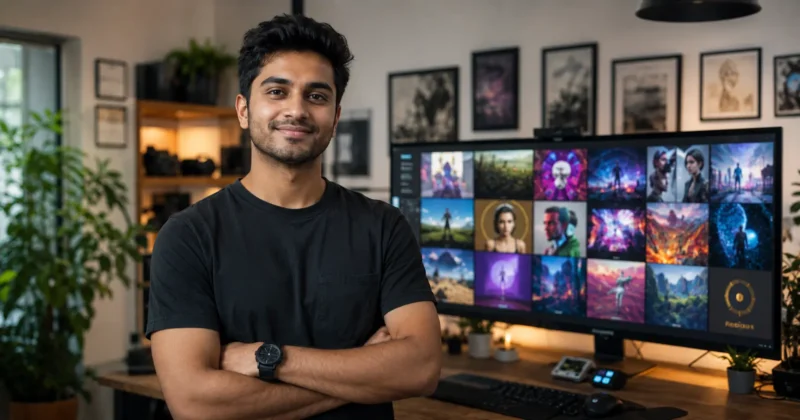 Content creator confidently using the best AI image generation tools in a professional studio setup