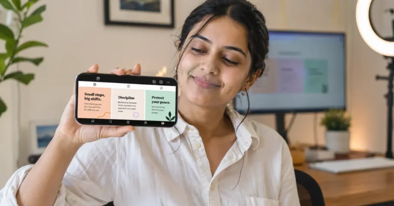 Content creator reviewing AI-generated social media graphics on a smartphone for Instagram posts