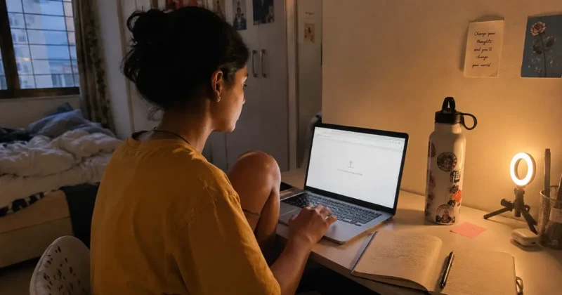 Beginner content creator using a free AI PNG generator on a laptop in a casual home setup