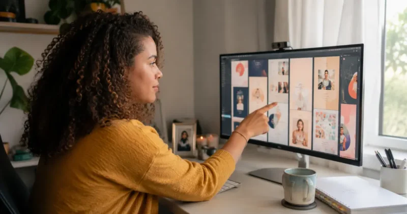 Creator choosing between Canva Magic Design layout options for social media graphics on a wide monitor