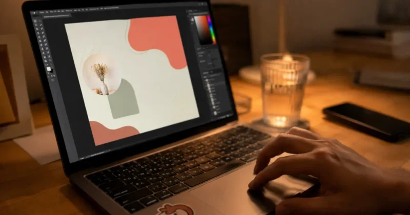 Laptop screen showing Canva Magic Media AI design interface being used for social media graphics
