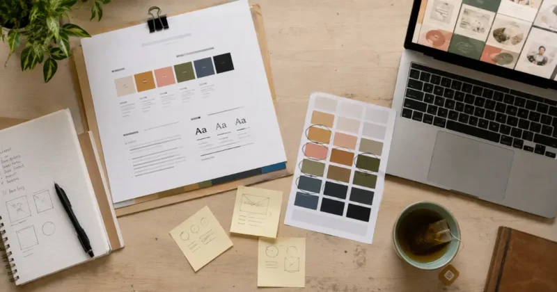 Organized content creator workspace showing brand kit colors and Canva social media template system