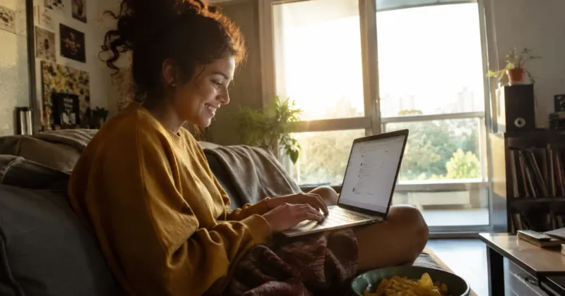 Beginner content creator using DALL-E 3 inside ChatGPT to generate AI images on a laptop at home