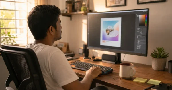 Content creator learning how to use Canva Magic Media on a monitor in a home studio setup