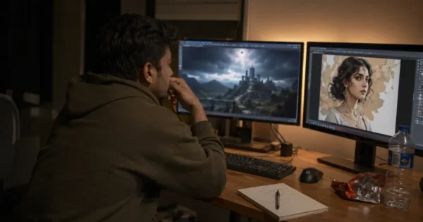Content creator comparing Midjourney vs DALL-E 3 vs Stable Diffusion outputs on two monitors