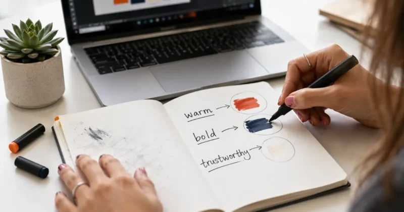 Designer writing brand personality words in a notebook as the first step in creating an AI brand identity