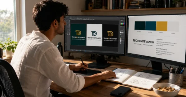 Content creator using an AI brand identity generator on dual monitors showing logo variations and color palette
