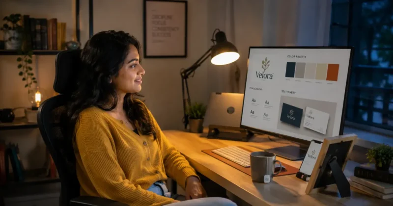 Creator sitting back satisfied after completing a brand identity using an AI brand identity generator on a monitor