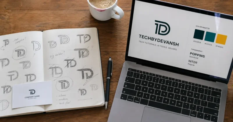 Comparison of traditional hand-drawn logo sketches versus clean AI brand identity generator output on a laptop