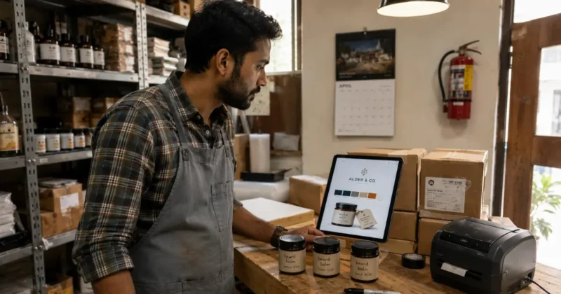 Small business owner reviewing an AI brand identity generator output on a tablet in their product workshop