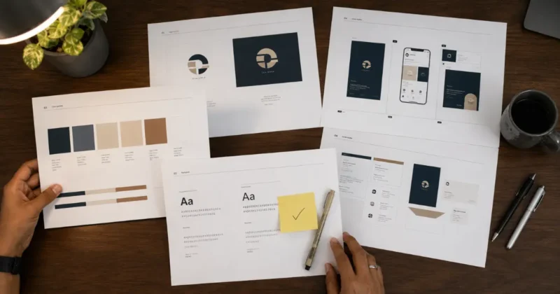 Printed AI-generated brand style guide spread showing logo, color palette, typography, and templates