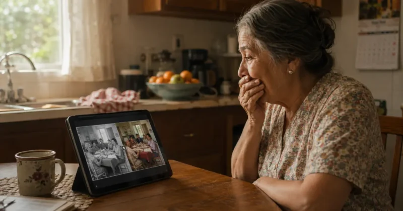 Woman reacting emotionally to seeing an old black and white family photo colorized using AI photo restoration tools