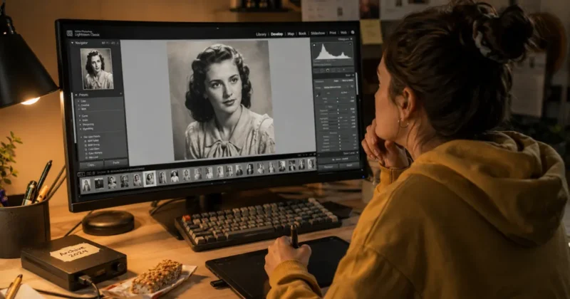 Content creator using Adobe Lightroom AI image enhancer tools to edit and restore old photographs for content creation