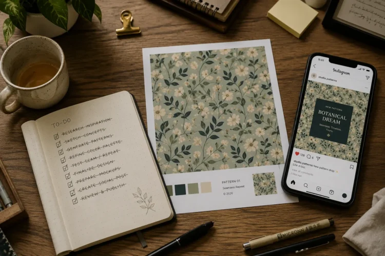 Overhead view of a completed creative workspace showing a finished AI-generated pattern print, crossed-off notebook, and phone displaying the pattern used in an Instagram post