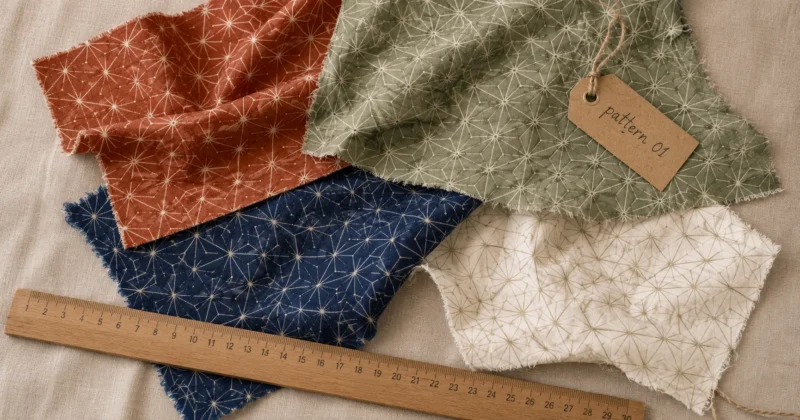 Four fabric swatches in different colors showing the same AI-generated geometric pattern printed as textile colorway options