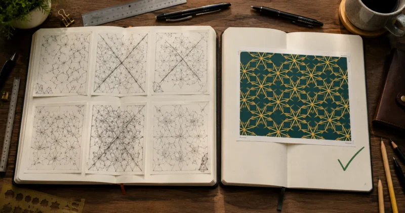 Two notebooks side by side — left showing multiple failed manual pattern sketches, right showing a clean AI-generated geometric pattern with a checkmark