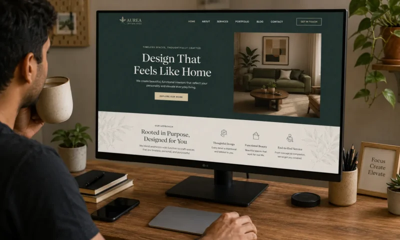 Web designer reviewing a website landing page mockup on a wide monitor showing subtle AI-generated pattern background textures in hero and content sections