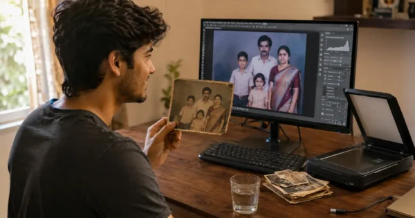 Creator holding an original faded old photo while viewing the AI photo restoration result on a monitor