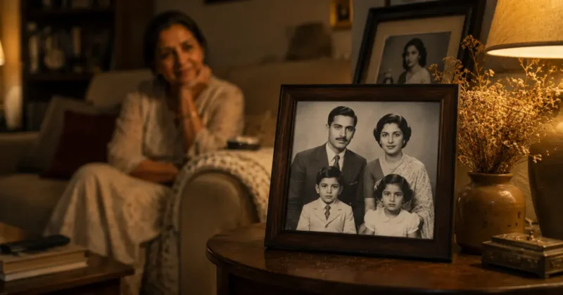 Beautifully restored old family portrait displayed in a frame on a living room table — result of AI photo restoration