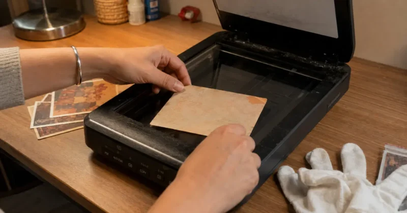 Hands carefully placing an old faded photograph onto a flatbed scanner for AI photo restoration processing