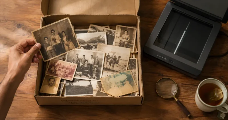 Old family photographs in a cardboard box being sorted for AI photo restoration — faded prints with scratches and water damage