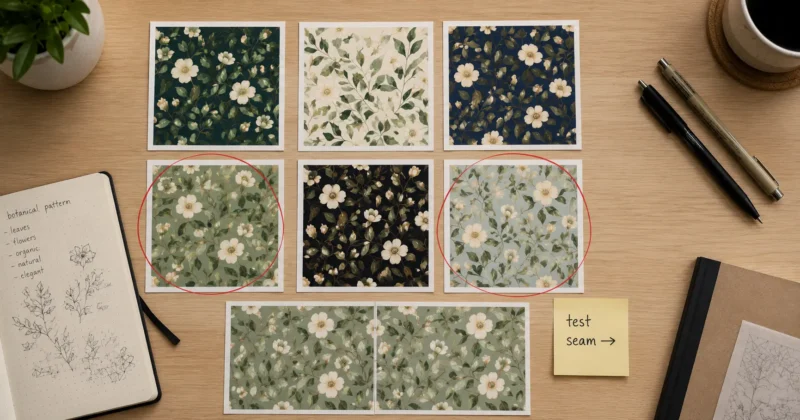 Overhead flat-lay of six printed AI pattern generator variations with two circled in red pen and two tiles placed edge-to-edge to test seamless join