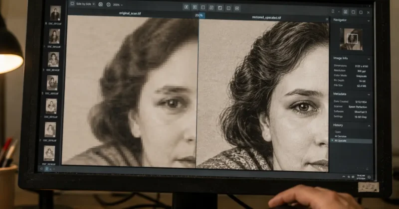 Monitor showing zoomed comparison of blurry original versus AI-upscaled old photo with sharp detail restored