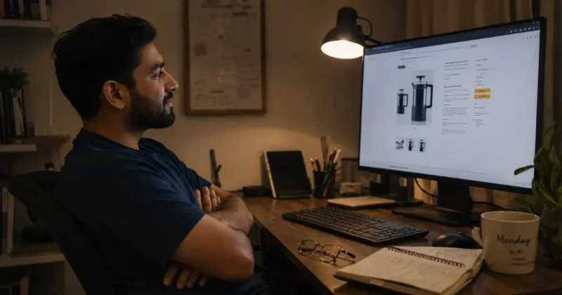 Seller reviewing AI-generated product photography uploaded to an Amazon product listing on a desktop monitor