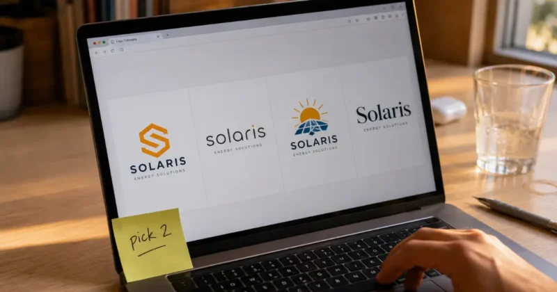 Creator comparing four AI-generated logo concepts on a laptop screen while evaluating the best AI brand identity generator