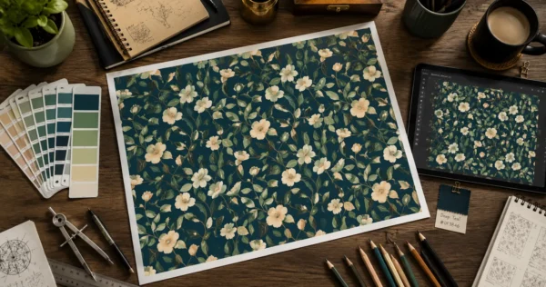 Designer's corkboard showing a large printed AI-generated seamless botanical pattern with color swatches and a tablet displaying the digital version