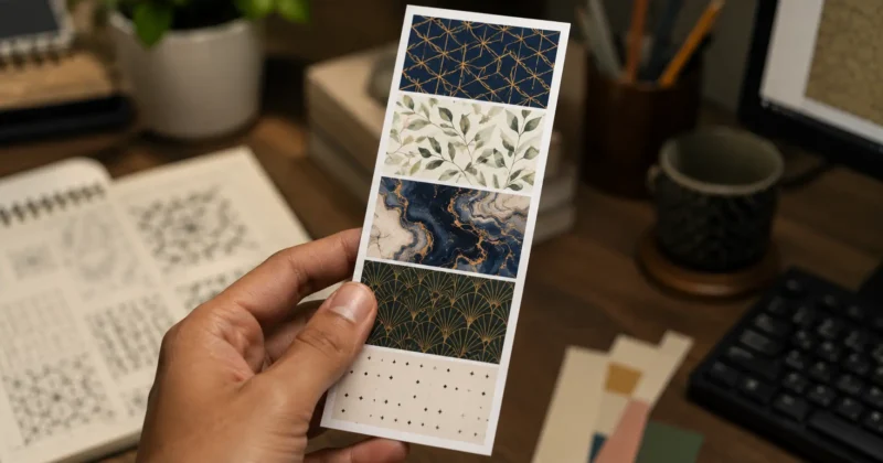 Hand holding a printed pattern swatch strip showing five different AI-generated pattern styles for comparison