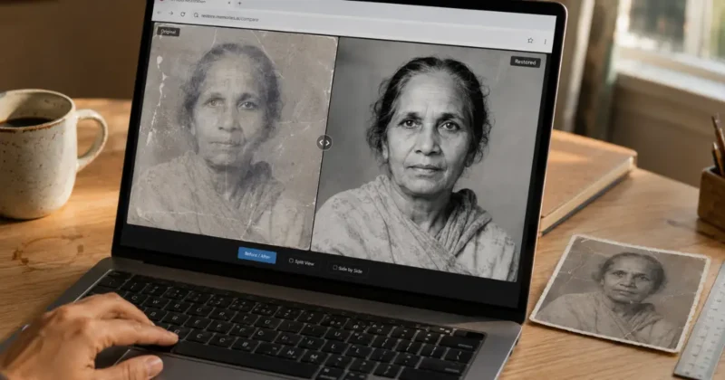 Laptop screen showing a before and after comparison of AI photo restoration on an old black and white portrait