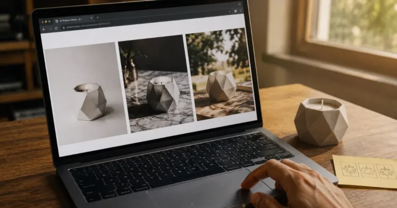 Creator comparing three AI product photography tool outputs on a laptop screen with real product beside it