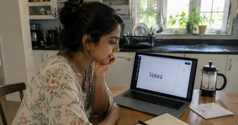 Early-stage startup founder exploring a free AI logo generator on a laptop at home kitchen table