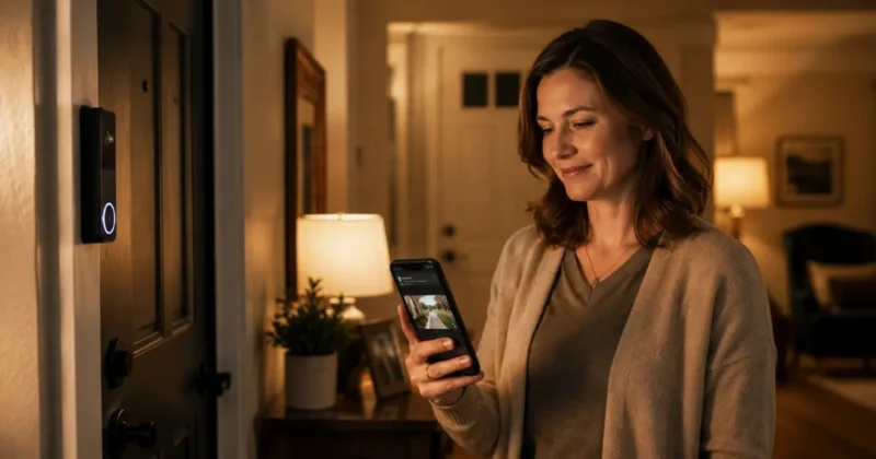 homeowner checking subscription-free doorbell app no monthly fee local storage 2026