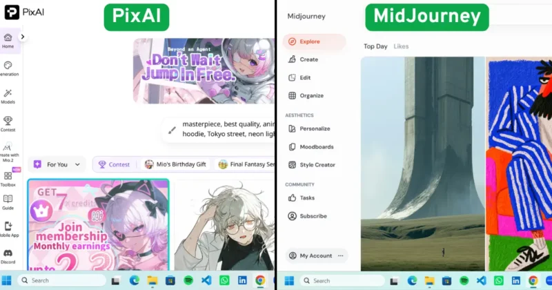 Midjourney and PixAI homepage comparison