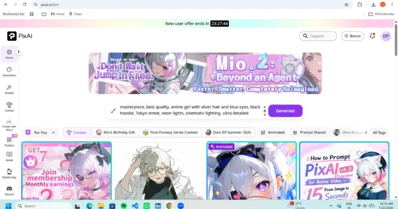 PixAI dashboard for anime image generation