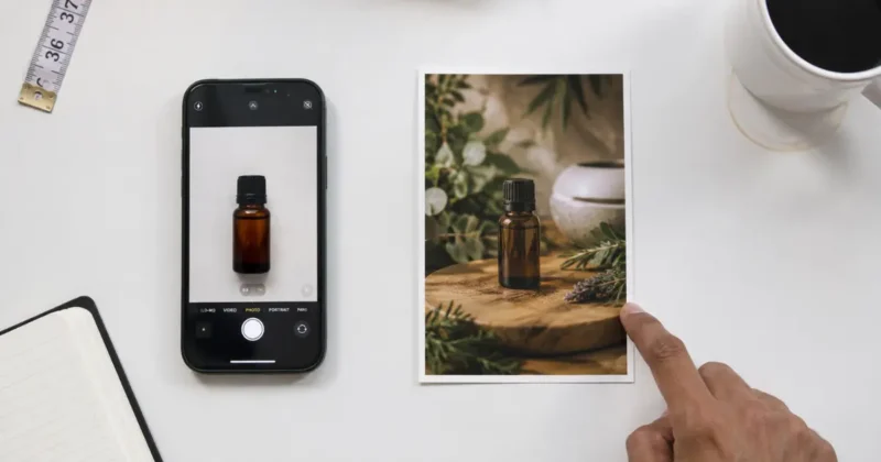 Side by side comparison of a phone product photo versus the AI-generated result — product photography with AI transformation
