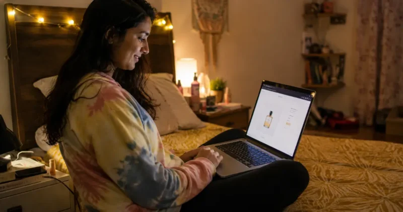 Small business owner using a free AI product photography tool on a laptop at home — accessible workflow for beginners